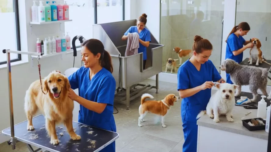 Dog groomers are Grooming Dogs in a pet Salon Dog groomers are Grooming Dogs in a pet Salon